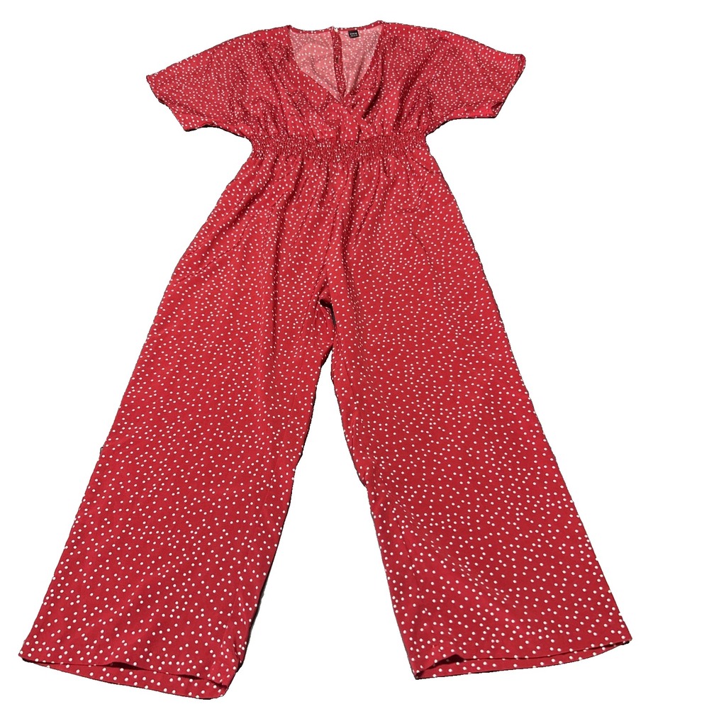Red Polka Dot Ankle Length Romper XL Vneck Wrap Top Cinched Waist w/ Pockets